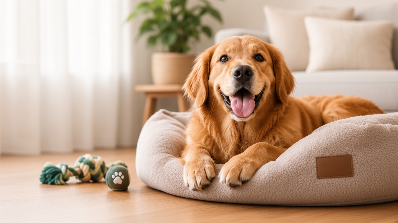 A golden retriever resting on a cozy bed